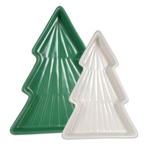 Hallmark Green & White Christmas Tree Serving Tray Set Of 2 Ceramic Nesting NEW